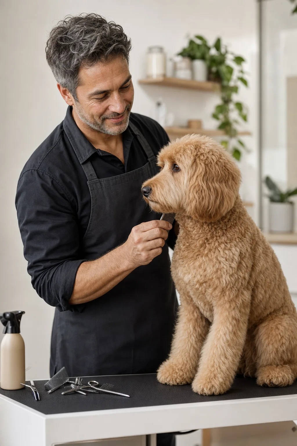 a man in his 40s with salt-and-pepper hair and light stubble grooming a fluffy apricot goldendoodle on a white table in a modern salon