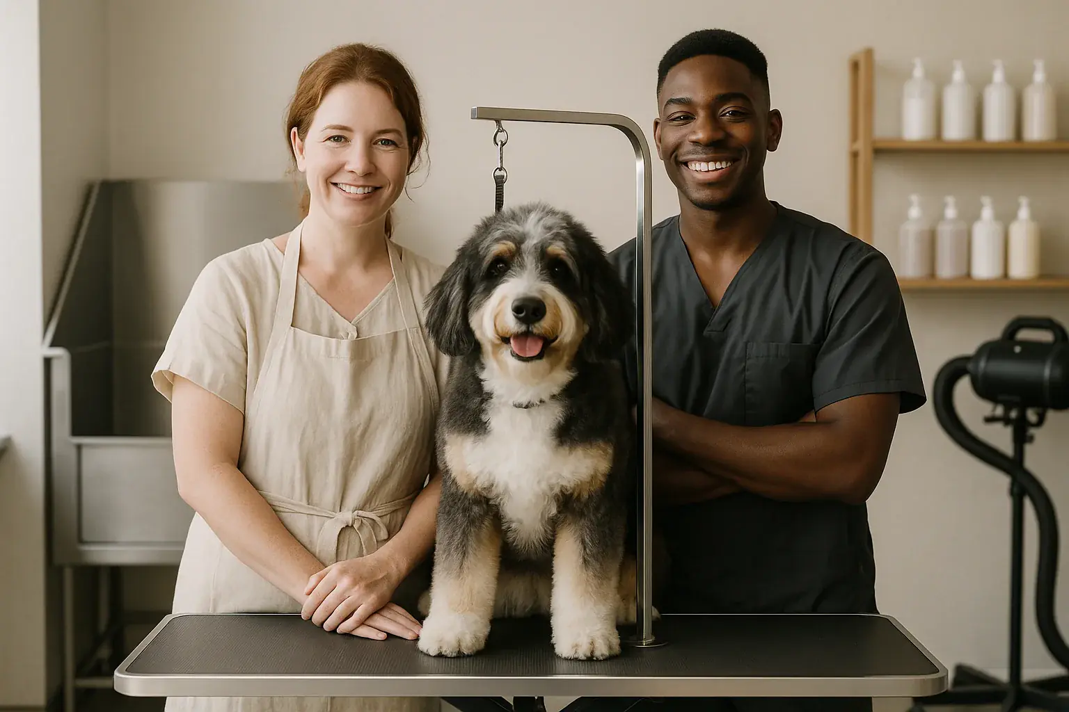 Smiling salon owner and pet groomer standing together behind the grooming table with a happy bernedoodle between them