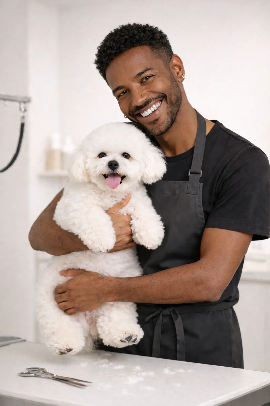 Two women working together grooming a dog in a modern pet salon