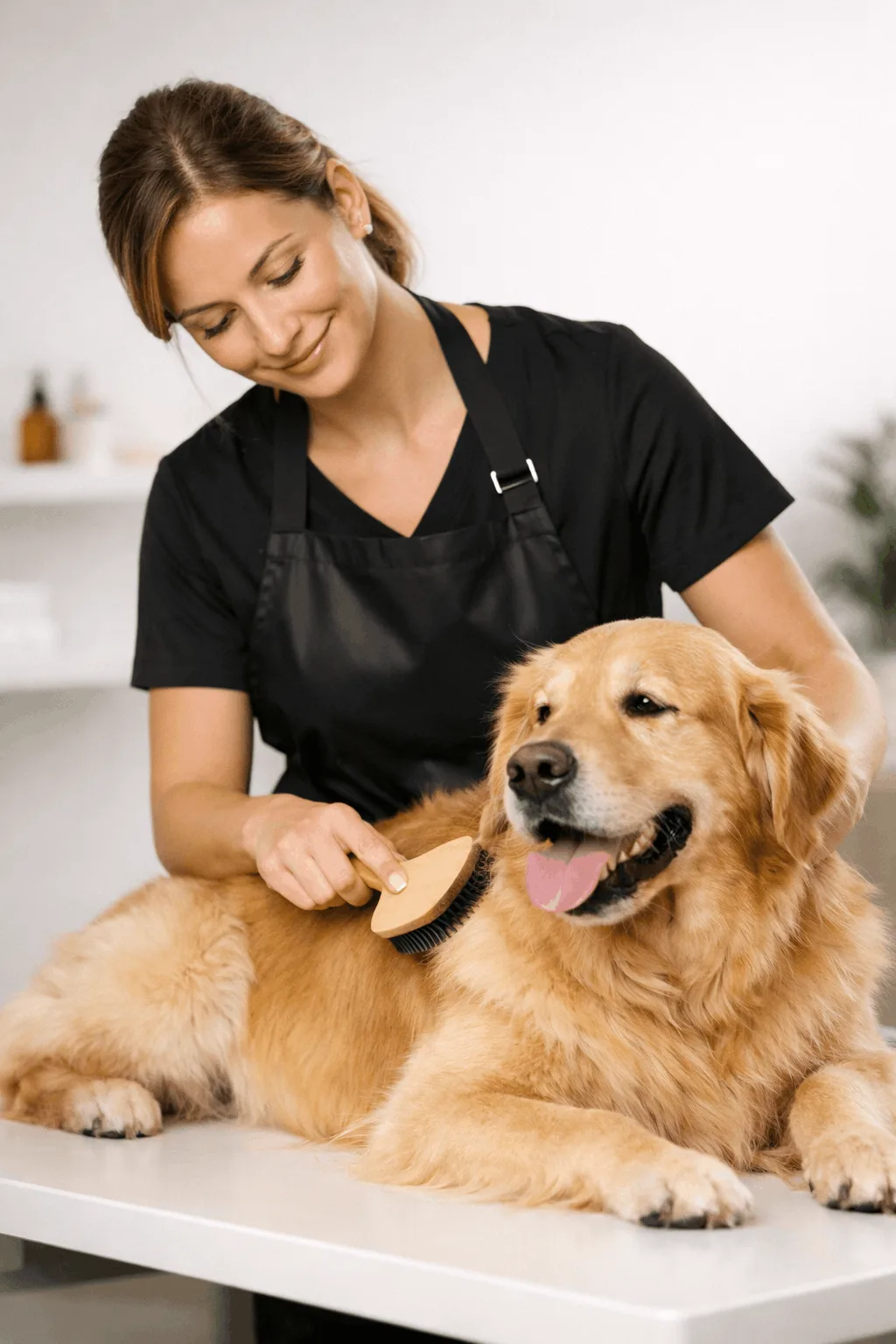 Professional female pet groomer brushing a golden retriever in a modern salon