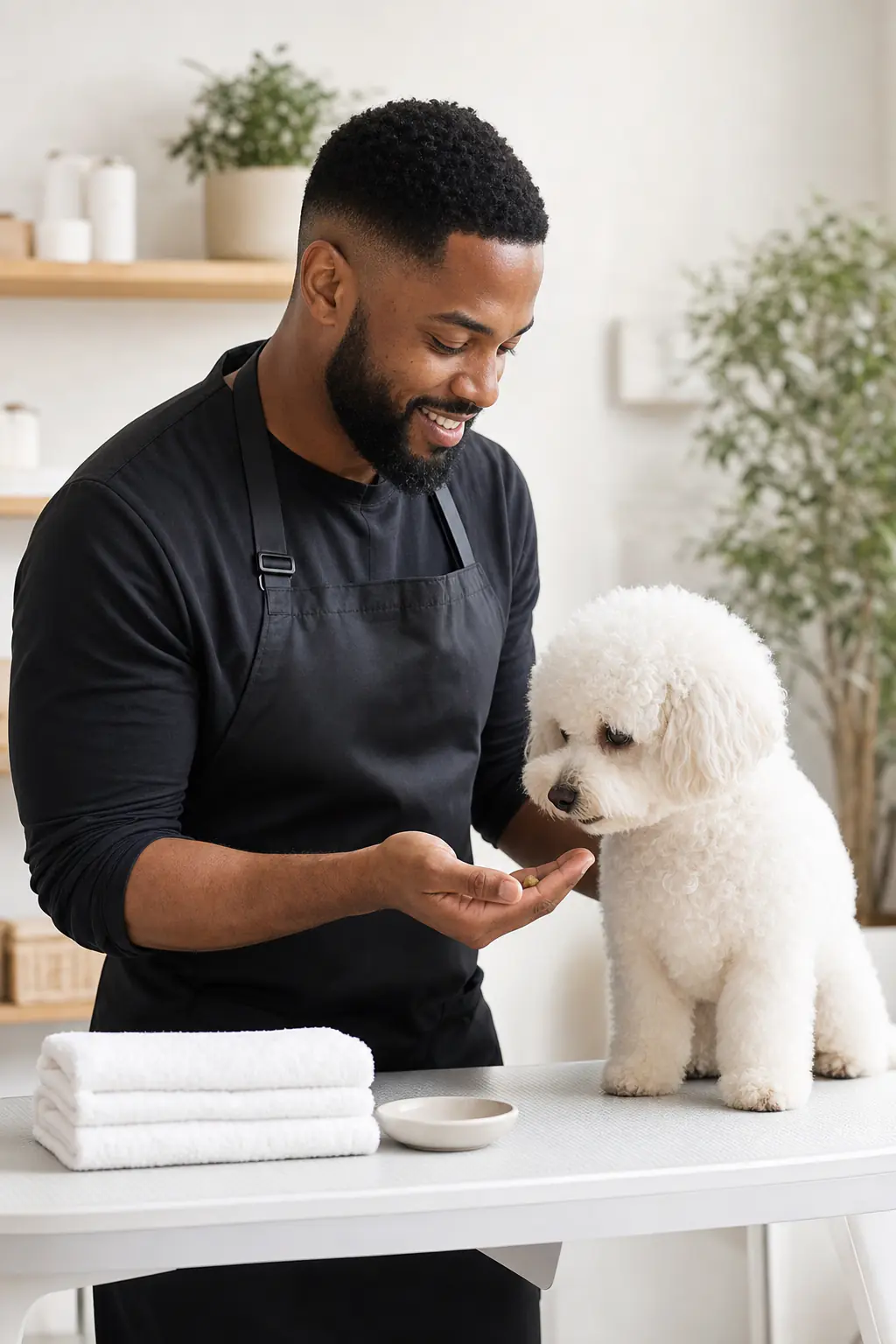Smiling Black pet groomer with a short fade and neat beard offering a treat from his open palm to a happy small white bichon frise on a clean white grooming table in a bright modern salon