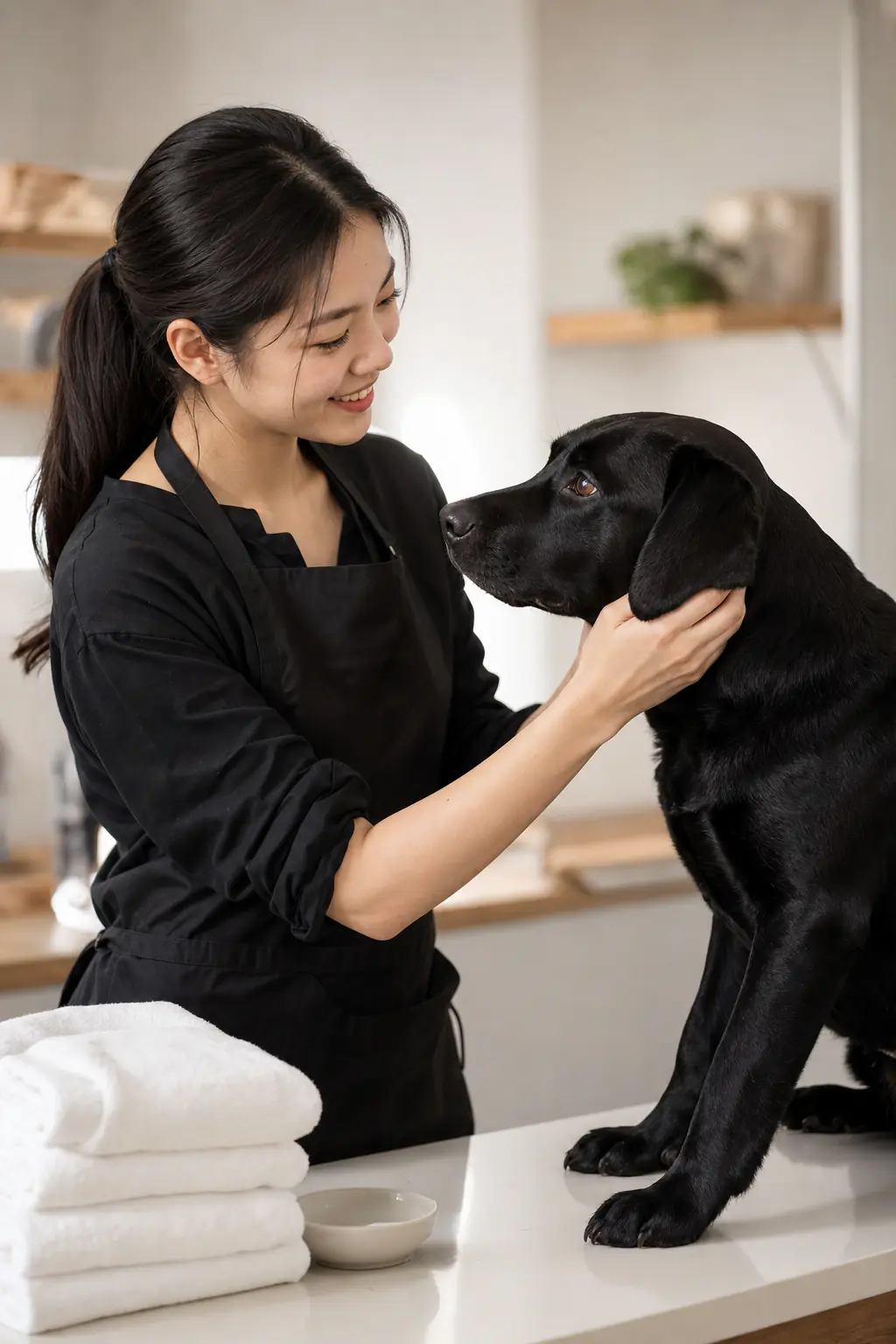 East Asian woman pet groomer with a sleek dark ponytail tenderly cradling a happy black labrador's face on a clean white grooming table in a bright modern salon