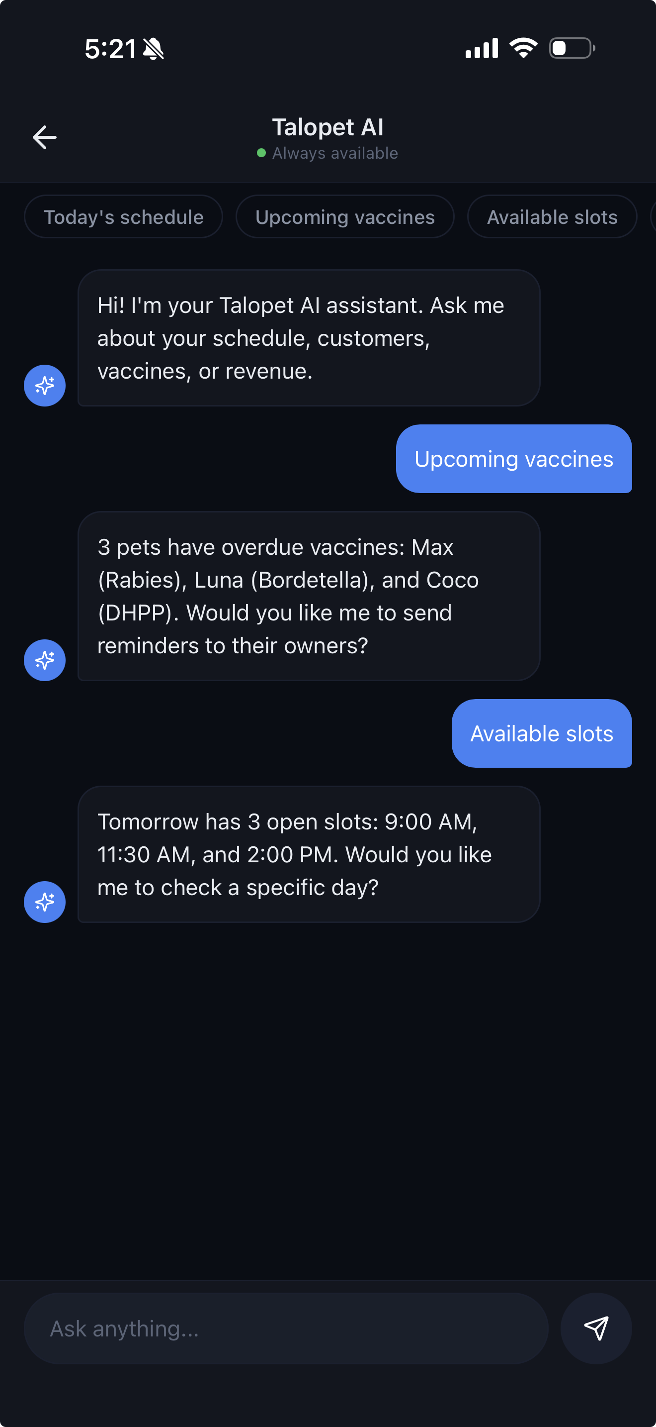 Talopet AI assistant conversation showing overdue vaccine alerts for 3 pets and available appointment slots for tomorrow