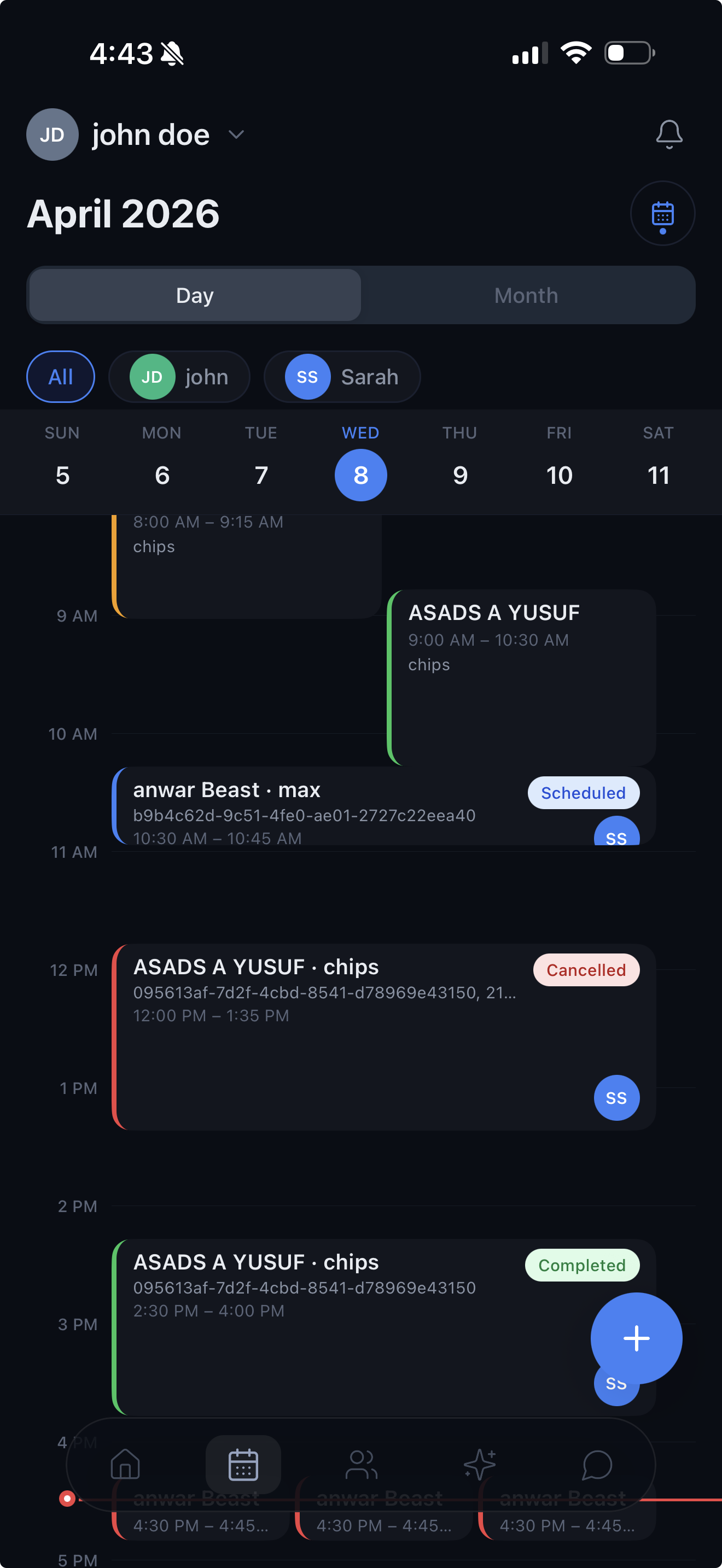 Calendar day view showing scheduled appointments with status badges