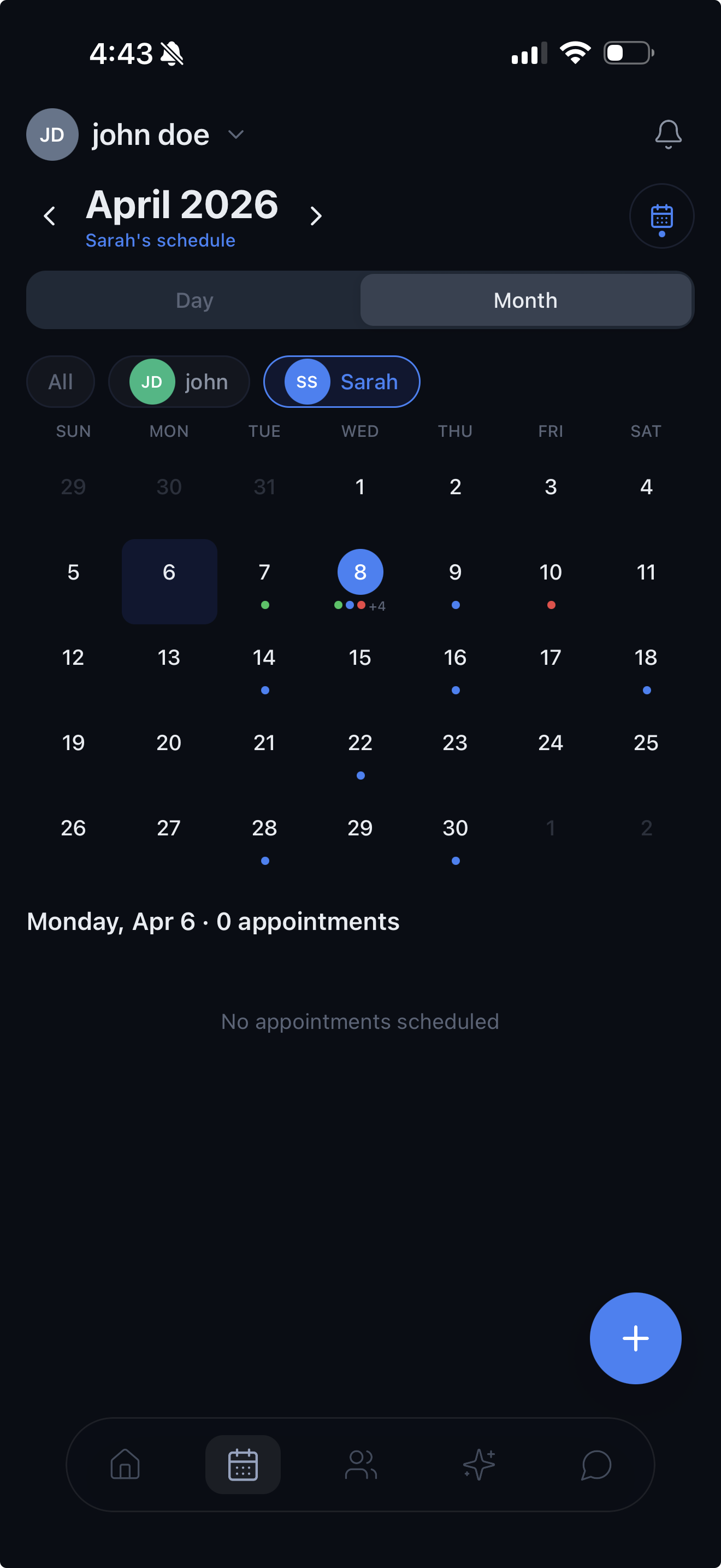 Month calendar view showing appointments across April 2026