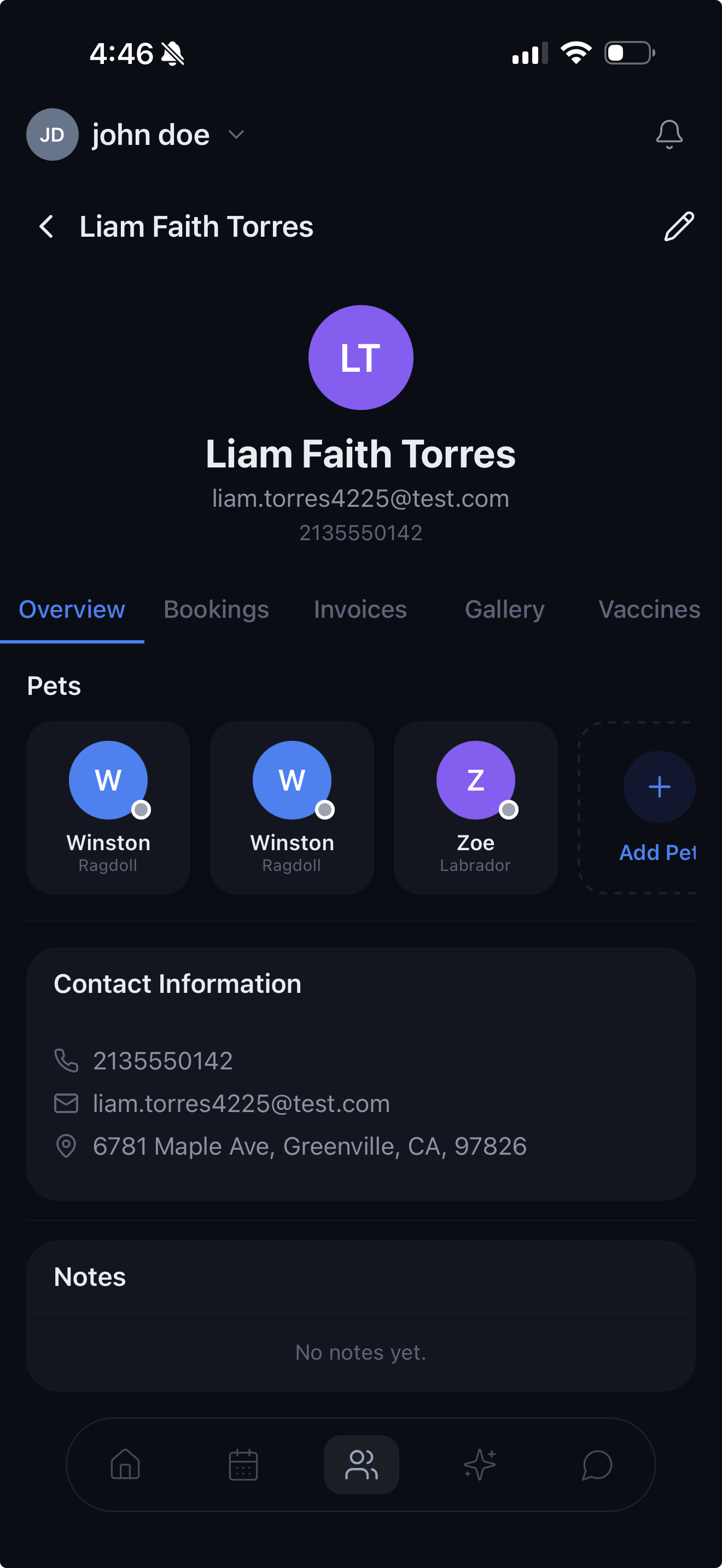 Customer profile for Liam Faith Torres showing pets Winston, Winston, and Zoe with contact info and tabs for bookings, invoices, gallery, and vaccines
