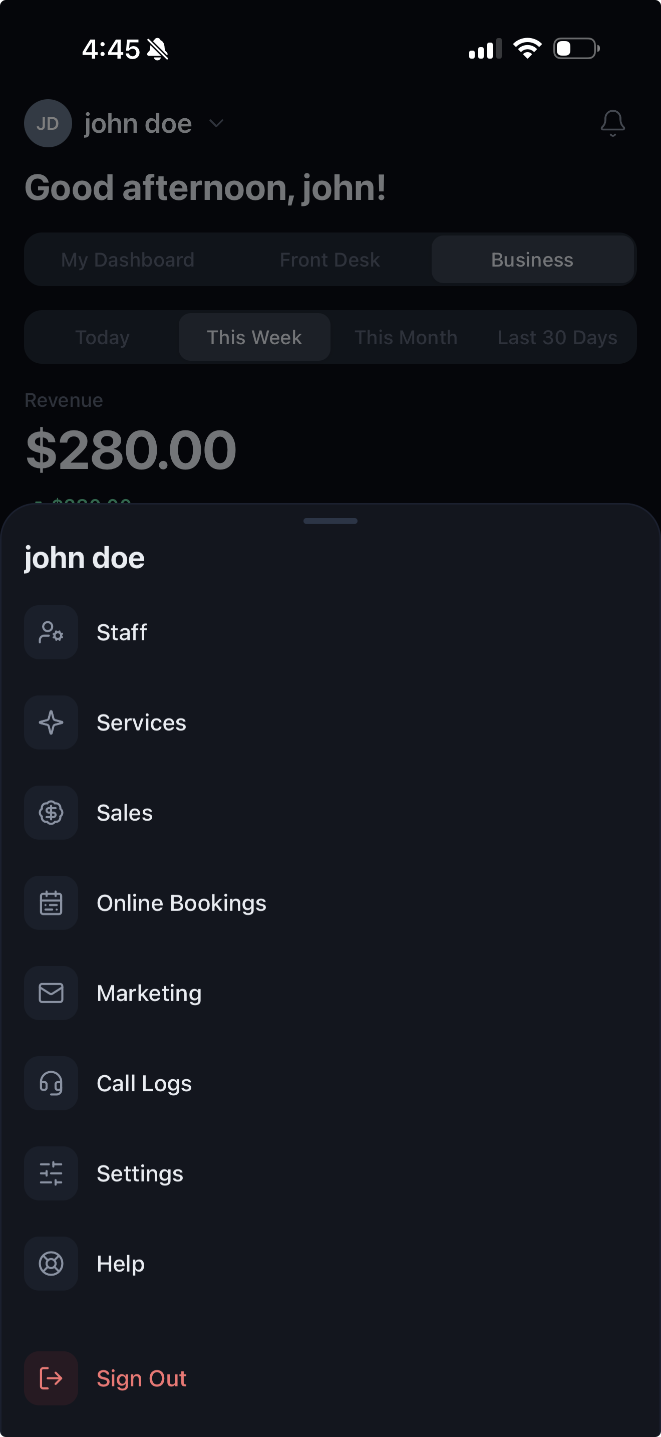 Navigation menu with Staff, Services, Sales, Online Bookings, Marketing, Call Logs, Settings and Help