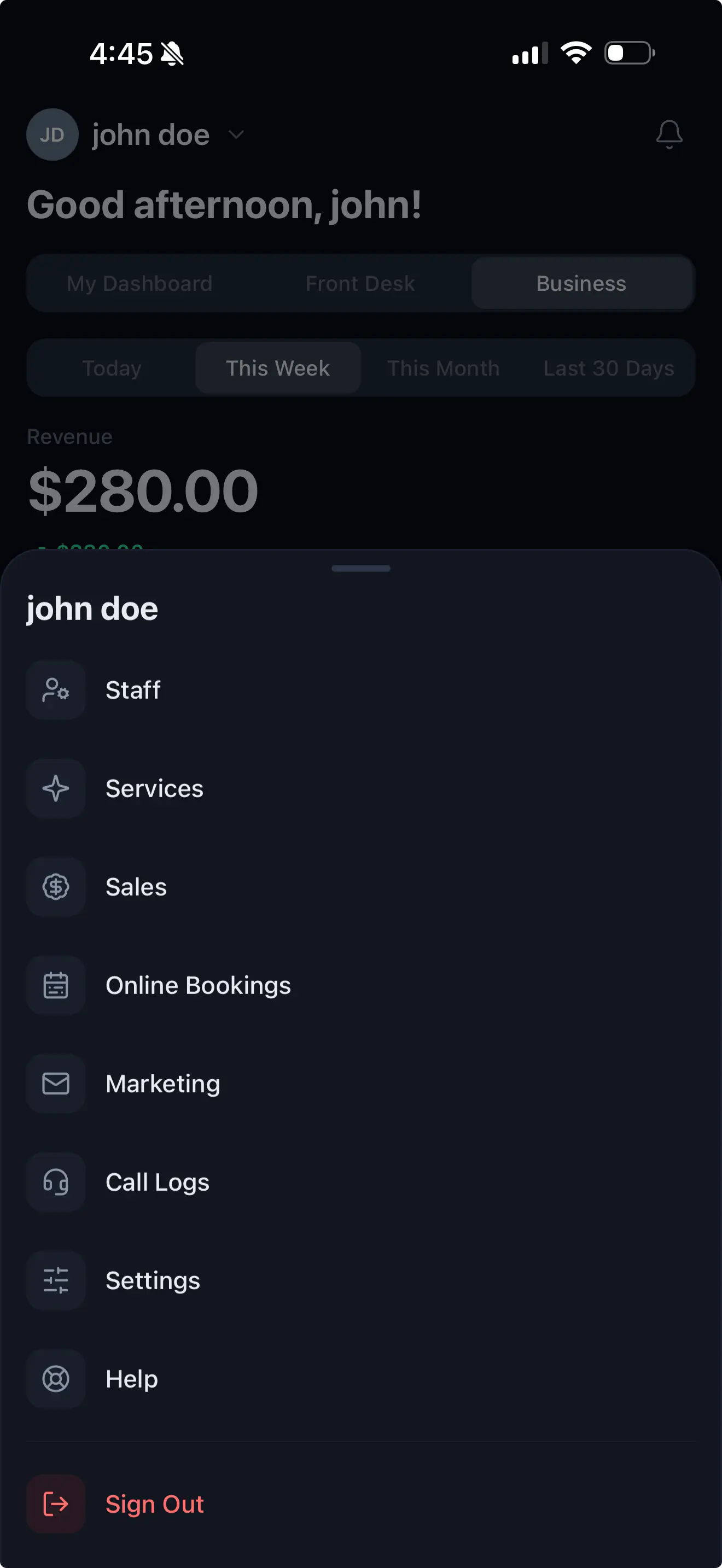 Navigation menu with Staff, Services, Sales, Online Bookings, Marketing, Call Logs, Settings and Help