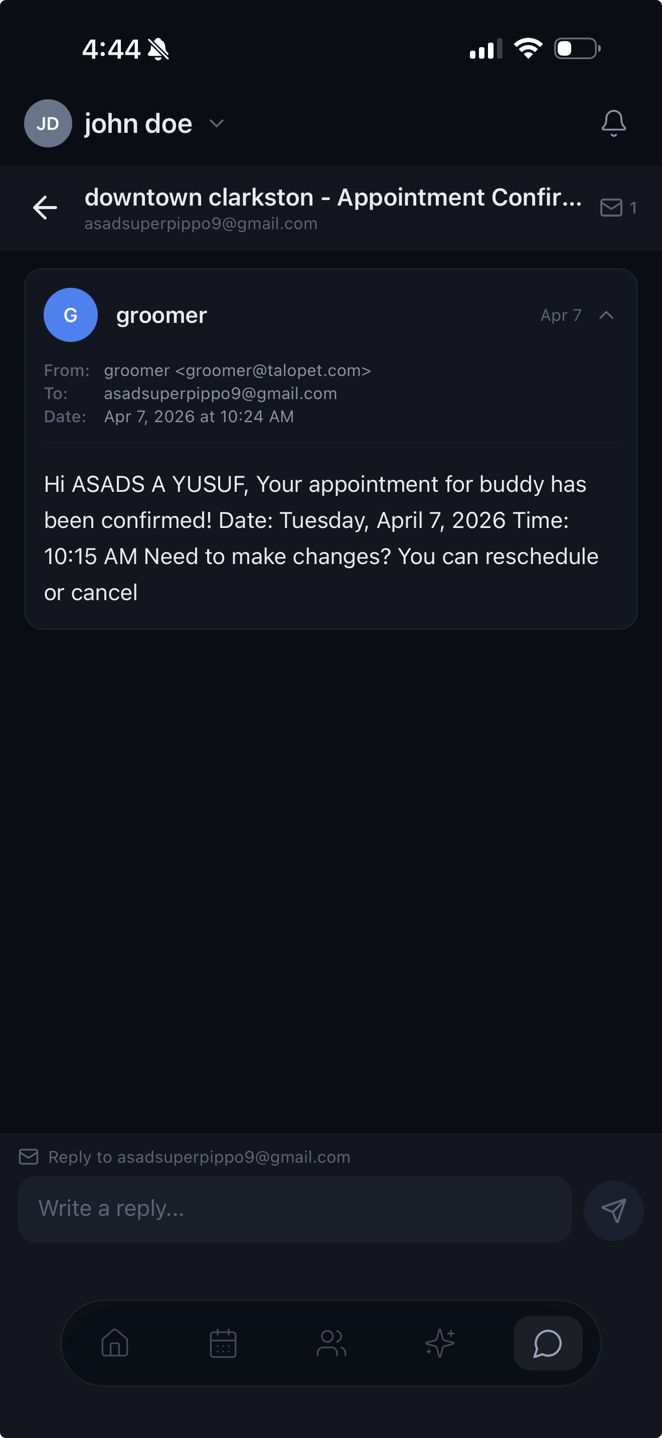 Email inbox showing appointment confirmation message with reply composer