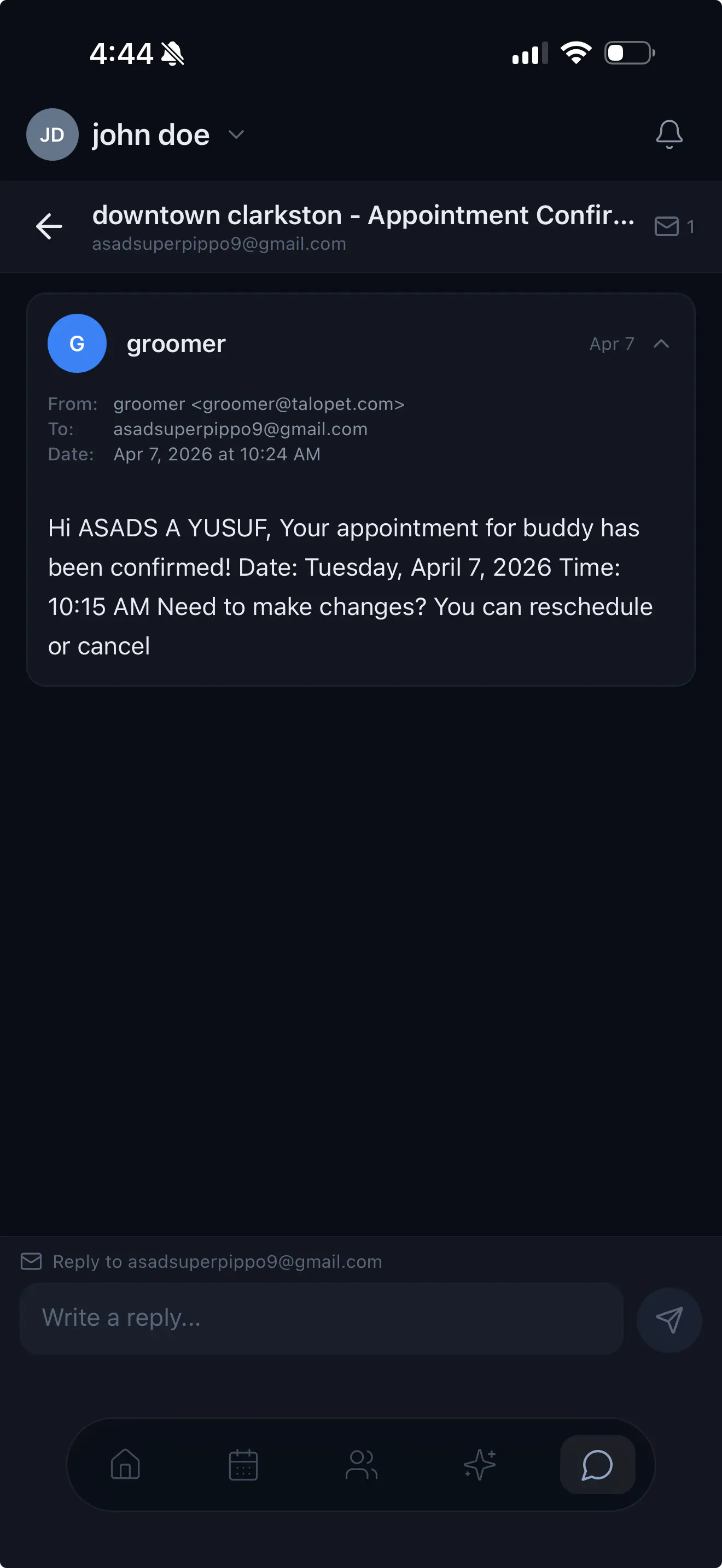 Email thread showing appointment confirmation message from groomer with reply composer at bottom