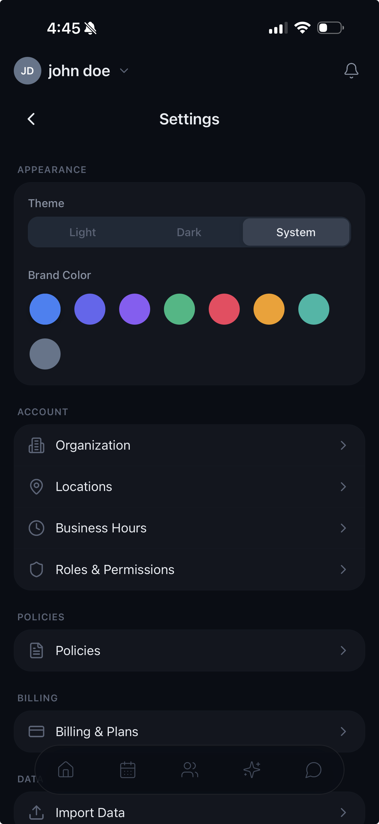 Settings screen with theme, brand color, account and billing options