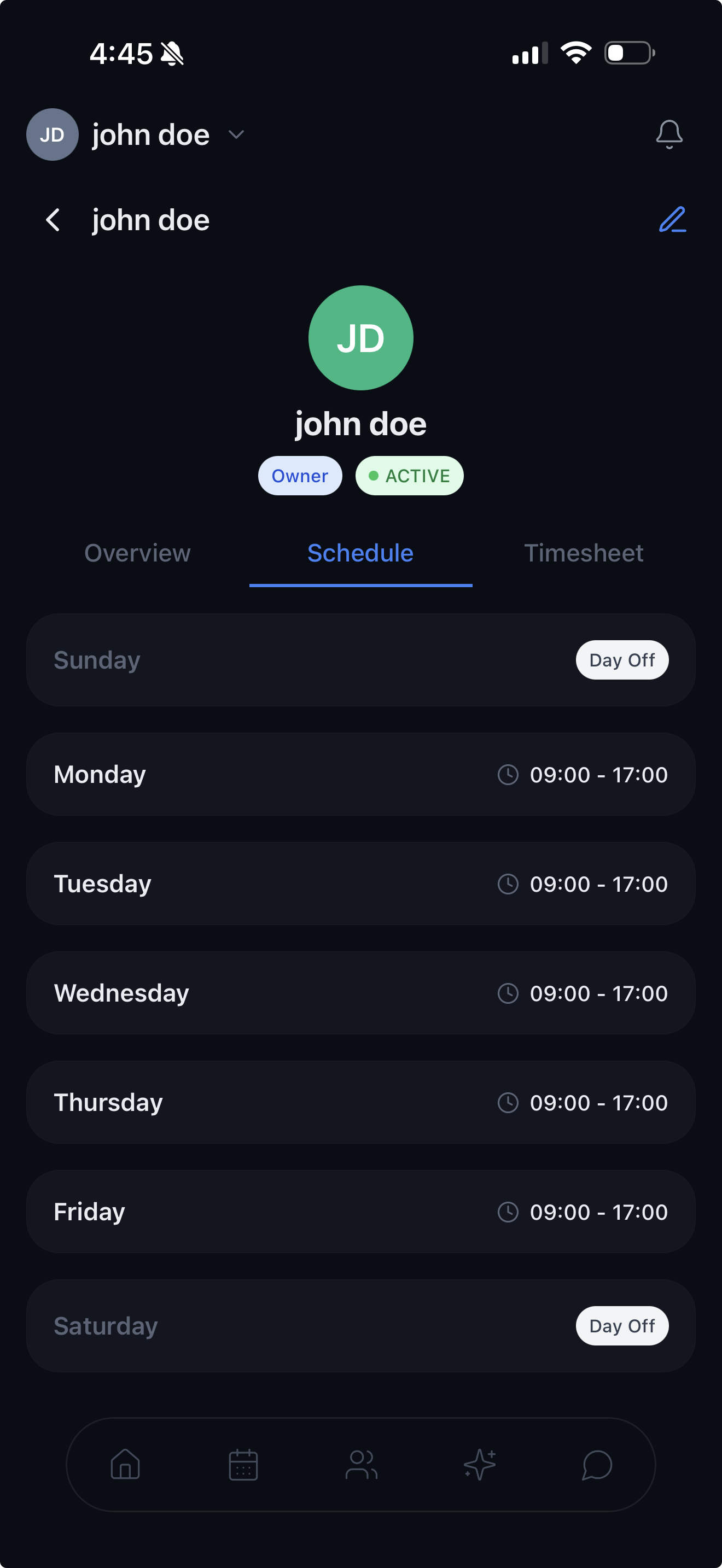 Staff profile showing schedule with weekly hours and role badges