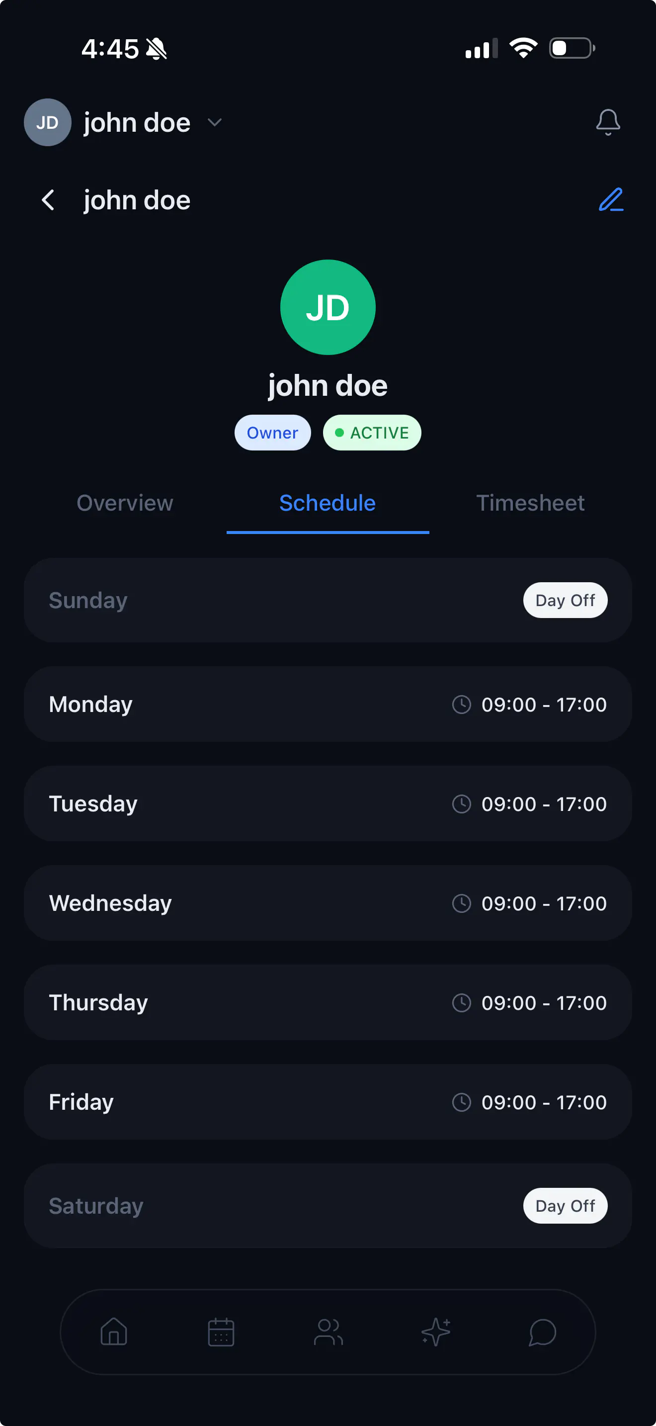 Staff profile showing schedule with weekly hours and role badges